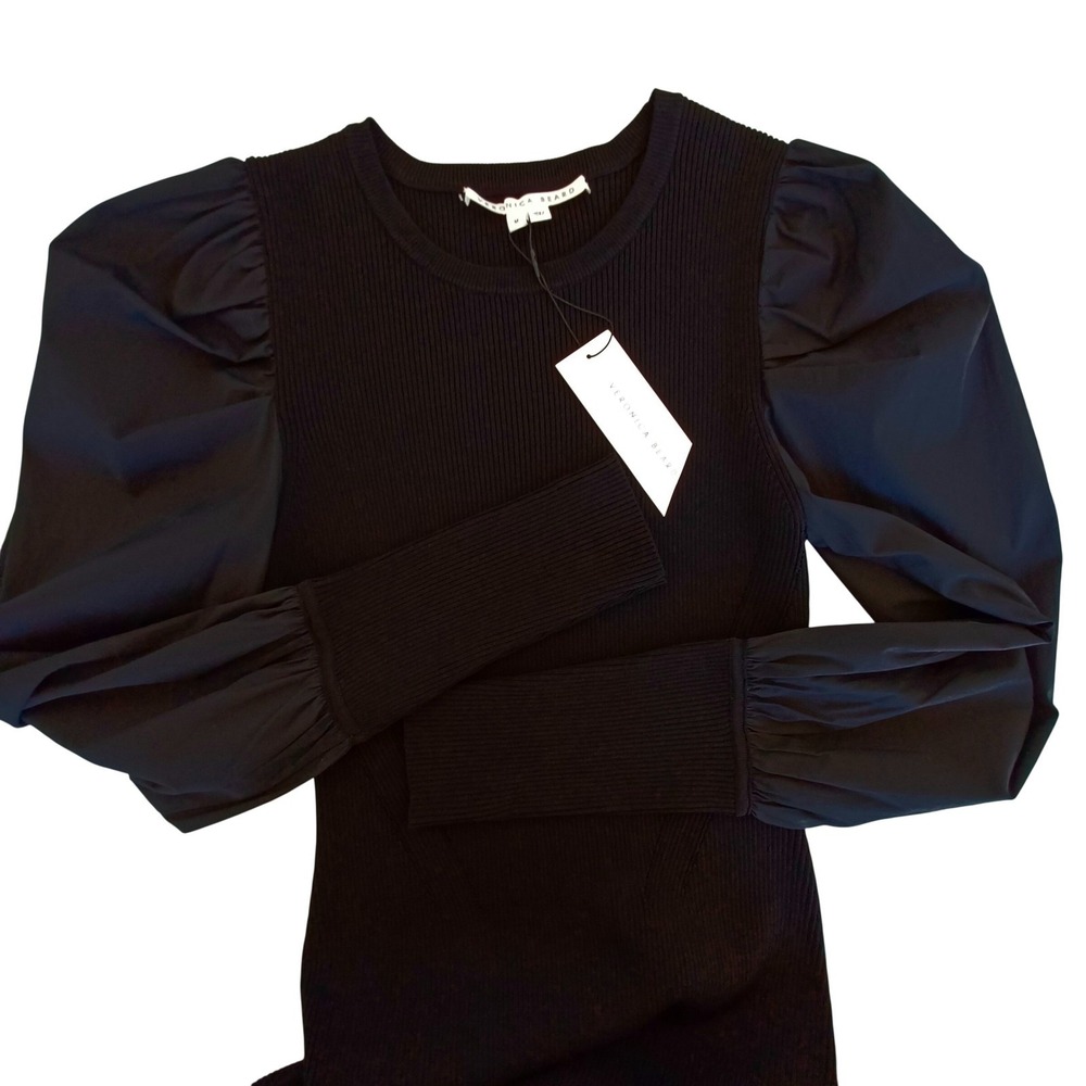 Veronica Beard Wilkin Knit Dress Black Puff Sleeve Mixed Media Mini M NEW - Picture 7 of 12